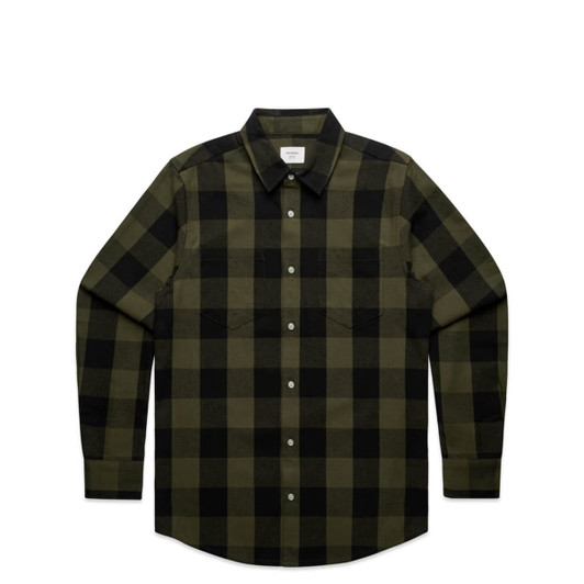 A button-up shirt in dark green and black check pattern, featuring a collar and front pockets. It has a logo on the label.
