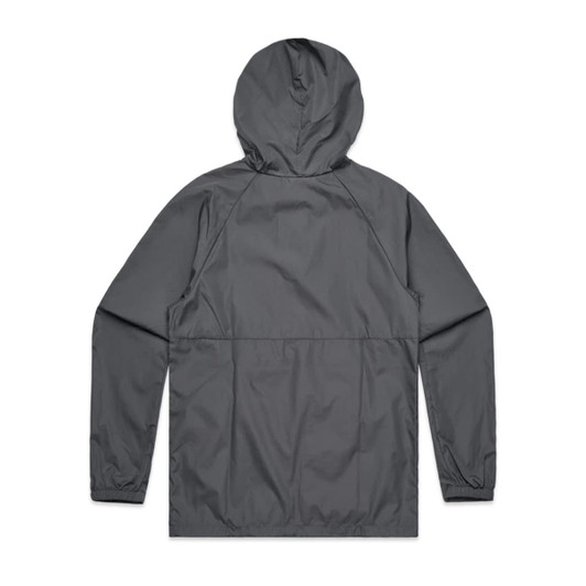 A grey windbreaker jacket with a hood and long sleeves, featuring a simple design and elastic cuffs.