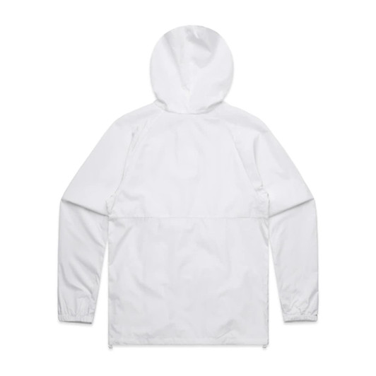 A white jacket with a hood, featuring long sleeves and an elasticised hem. It has a logo on the back.