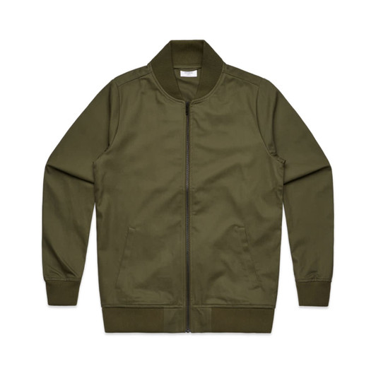 An olive green bomber jacket featuring a zip front and ribbed collar and cuffs. It has a logo on one side.