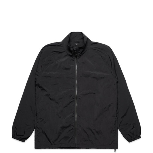 A black active jacket with a zippered front and elasticised cuffs, featuring a logo on the chest.