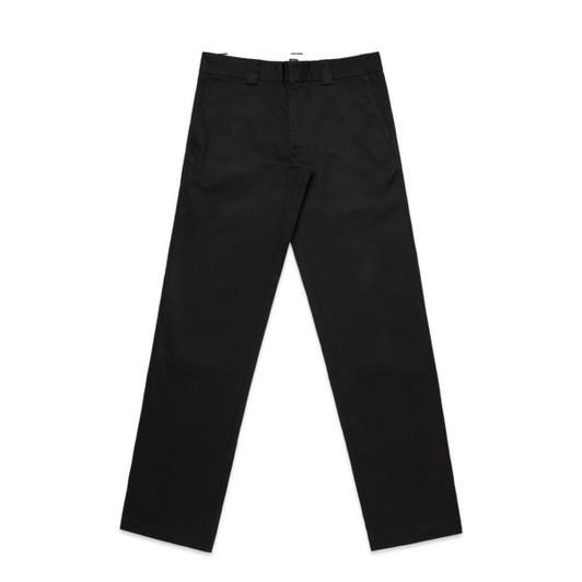 Black slacks with a straight cut design, featuring a waistband and some branding.