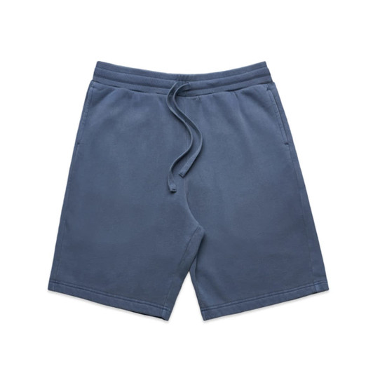Faded blue sports shorts with an elastic waistband and drawstring, featuring a logo at the back.