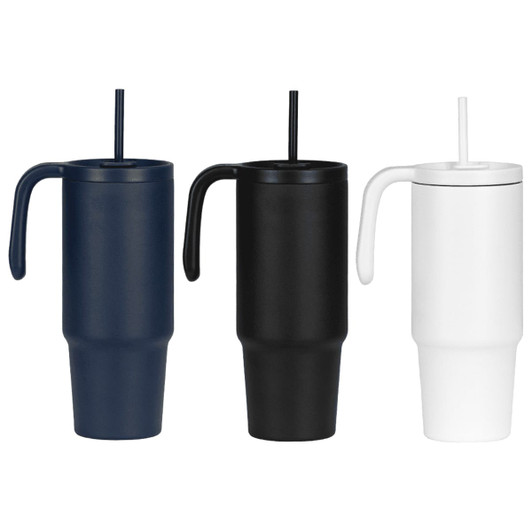 A drink bottle set featuring three tumblers in navy, black, and white, each with a handle and a straw.