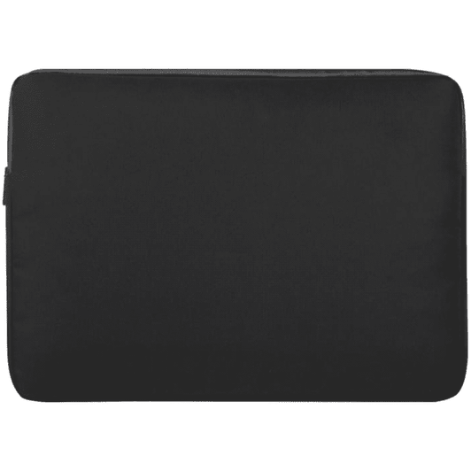 A black recycled laptop sleeve with a zipper closure and a logo on the side. Suitable for a 15.6" laptop.