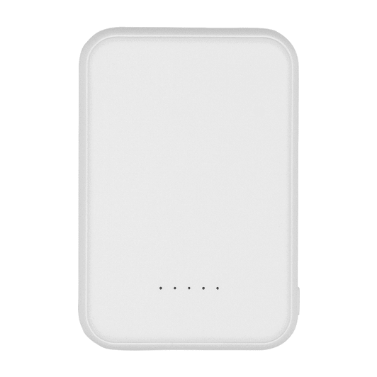 A white magnetic power bank with a sleek design and four indicator lights. It has a branding logo on the surface.