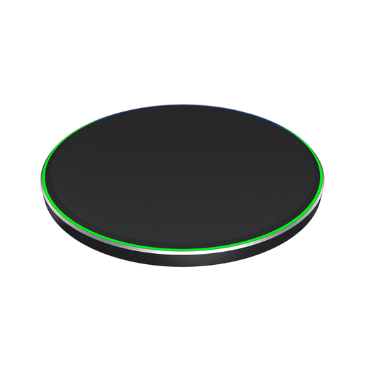 A black Qi wireless charger with a minimalistic design and a subtle multicoloured LED ring around the edge.