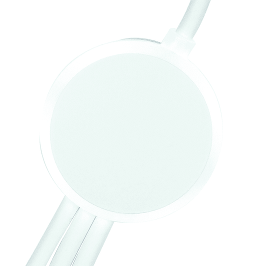A 120cm recycled charging cable in white, featuring a round connector and multiple charging options. It includes branding.