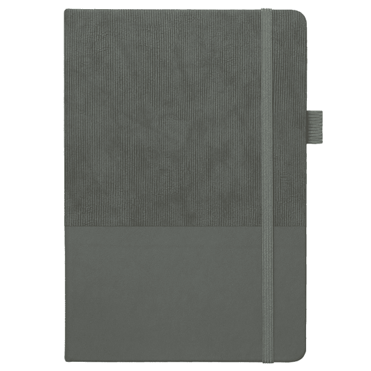 A5 Thermo Notebook featuring a textured grey cover and a matching elastic closure, made with recycled paper.