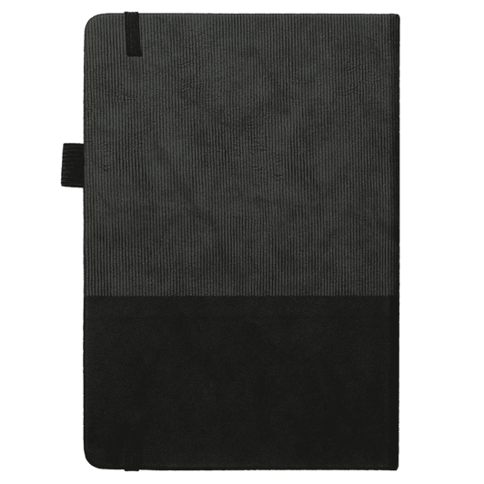 A5 Thermo Notebook in black with a textured finish, featuring a logo and an elastic band closure.