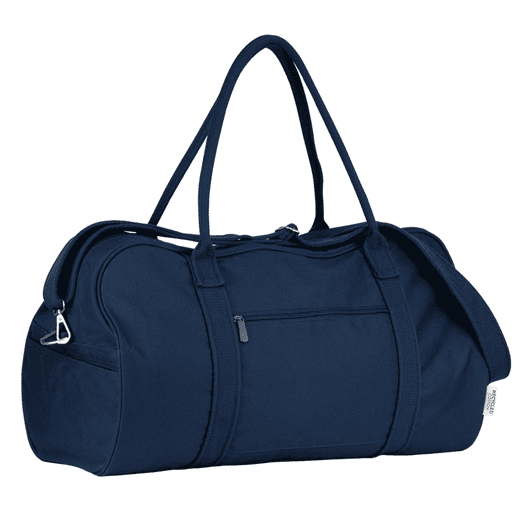 A navy blue duffle bag with a zippered main compartment and sturdy handles, featuring a small front pocket and branding.