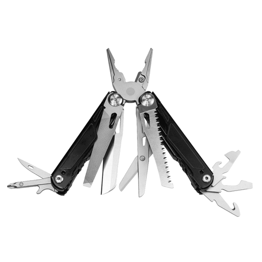 A black and stainless steel multi-tool with various tools, including pliers, blades, and a can opener. Features a logo.