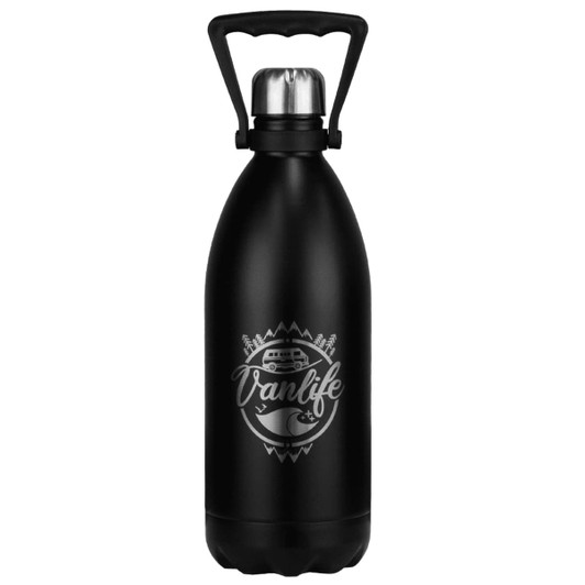 A drink bottle made of stainless steel in matte black, featuring a handle and a logo design.