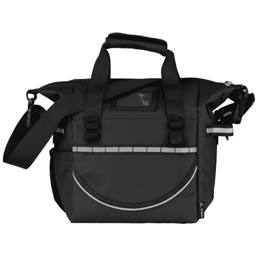 A black cooler bag with handles and a shoulder strap, featuring a front pocket and reflective detailing.