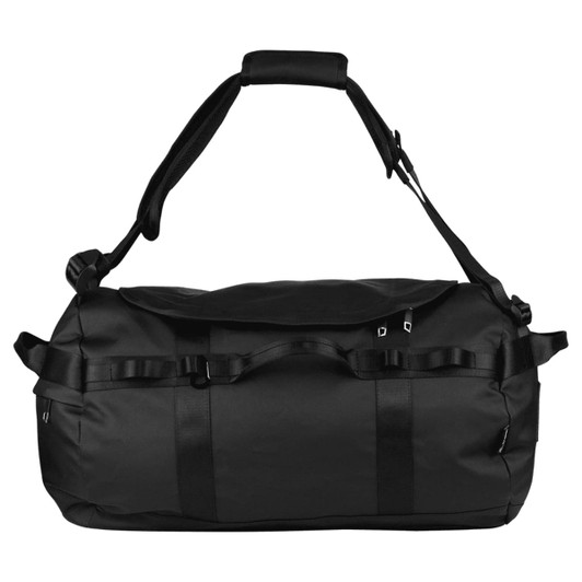 A black duffel bag with adjustable straps and a logo, featuring a sleek, durable design.