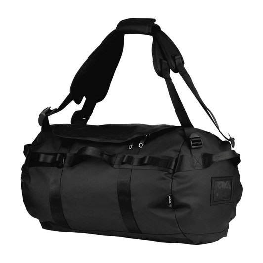 A sturdy black duffel bag with adjustable straps and a branding logo, designed for outdoor use.