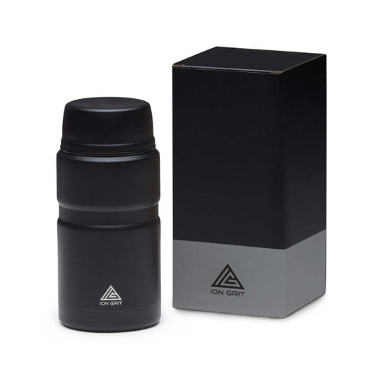 A black food jar with a lid, displayed next to a black packaging box featuring a logo.