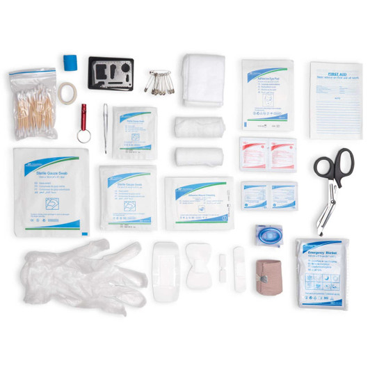 A first aid kit featuring various bandages, gauze, scissors, gloves, antiseptic wipes, and a range of medical supplies.