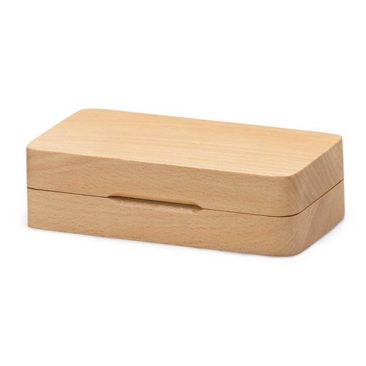 A wooden box with a smooth finish and rounded edges, designed for storage. It features a subtle handle.