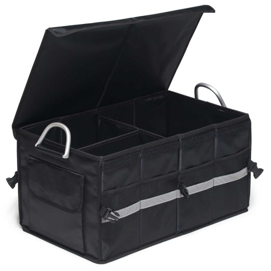 A black storage organiser with multiple compartments, featuring a sturdy lid and side handles. It has a logo on the side.