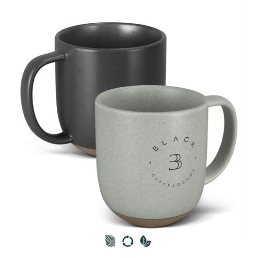Two ceramic mugs in black and light grey, each with a handle and a logo on the front.