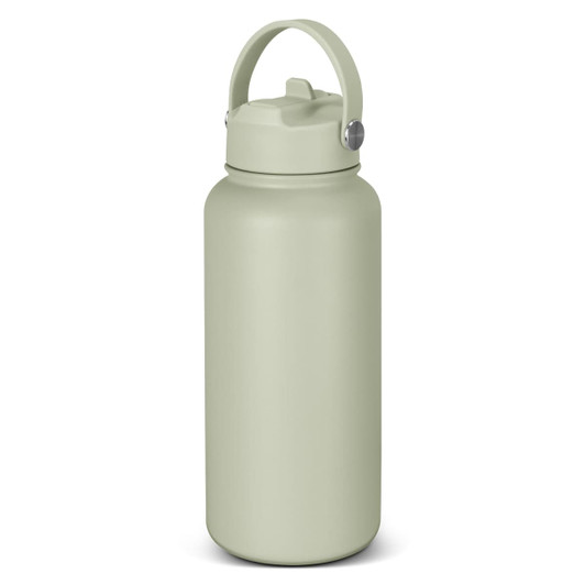 A drink bottle in a pale green colour with a screw-on lid and a sturdy handle. Features a logo.