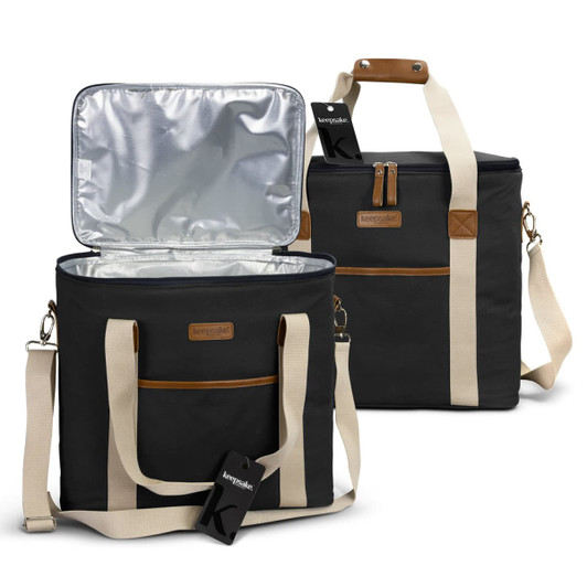 A black cooler bag with a silver interior, featuring a zippered front pocket and a detachable shoulder strap.