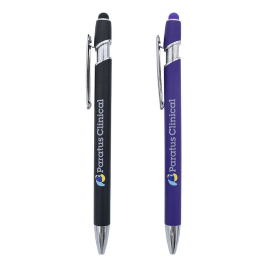 A set of two metal pens: one black and one purple, featuring a branding logo on each.
