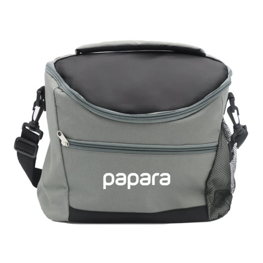 A grey cooler bag with a black top, featuring a zippered pocket and a mesh side pocket. It has a logo on the front.