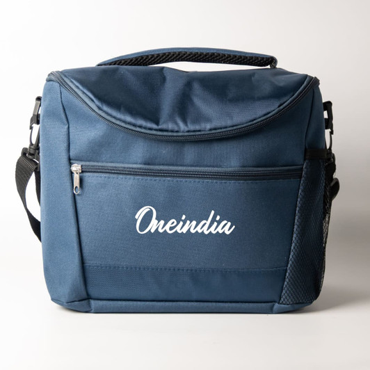 A navy cooler bag with a front zip pocket and a mesh side pocket, featuring a logo.