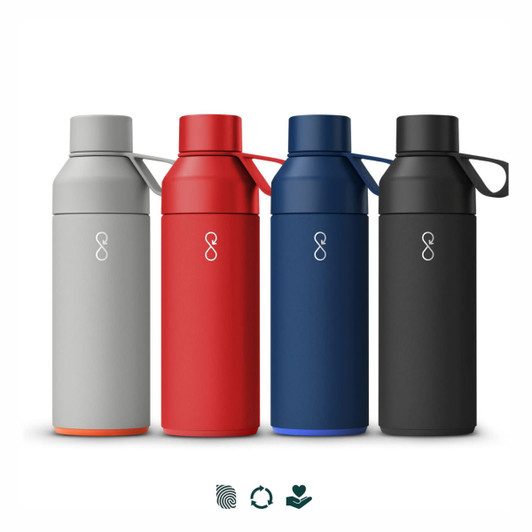 A drink bottle collection featuring grey, red, blue, and black variations, each with a logo and a sturdy carrying strap.