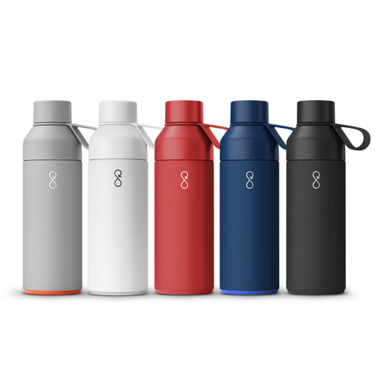 A drink bottle collection featuring grey, white, red, navy, and black options, each with a logo and carrying strap.