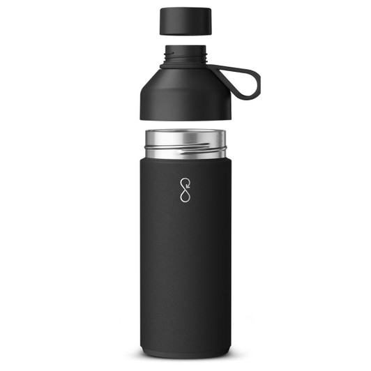 A drink bottle in matte black with a screw-on lid and a removable top. It features a logo on the body.