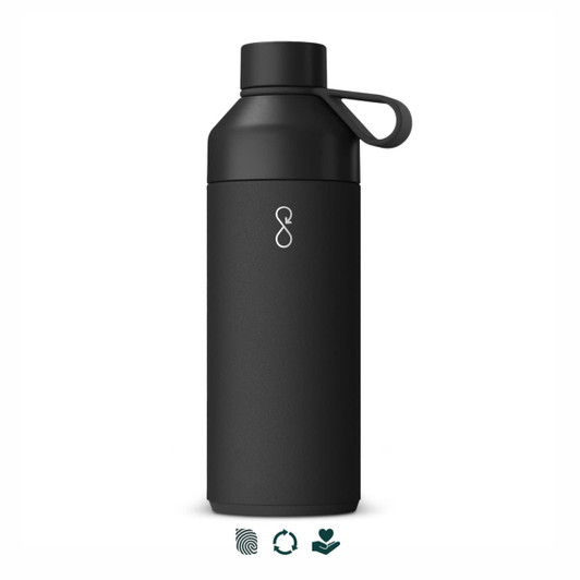 A drink bottle in matte black with a screw-on lid and a holding loop. It features a logo on the front.