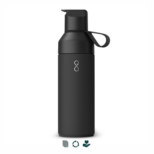 A drink bottle with a sleek, black design, featuring a spout lid and a carrying handle. It has a logo on the front.