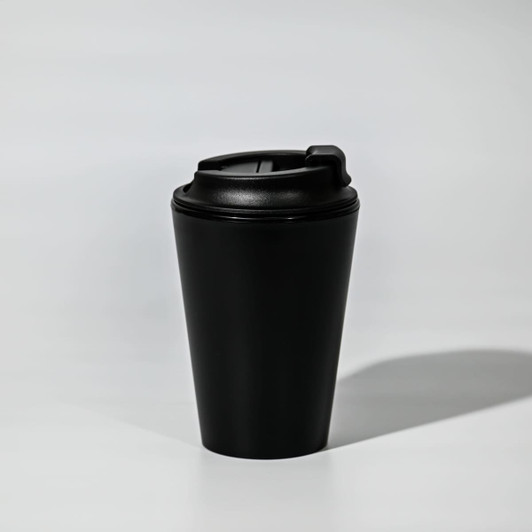 A black recycled PP 350mL coffee mug with a secured lid, featuring a logo. Ideal for hot beverages.