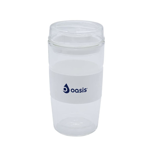 A reusable coffee cup in clear and white, featuring a logo and a cylindrical shape.
