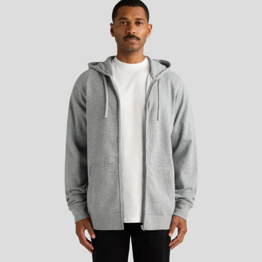A grey zip-up hoodie with a front opening and two pockets, worn by a male model. It includes a hood and long sleeves.