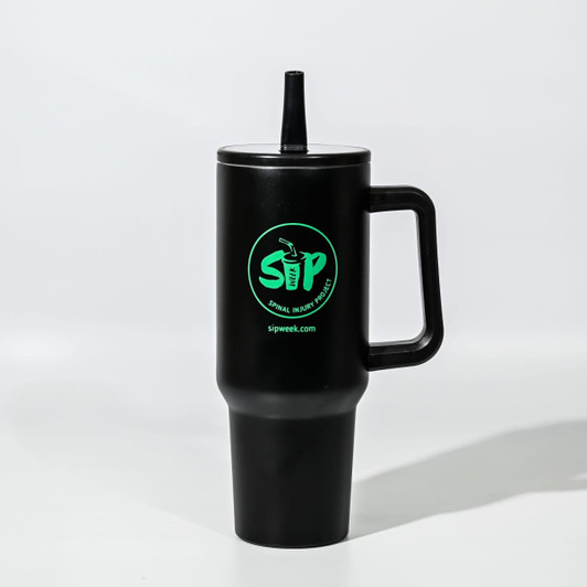 A drink bottle featuring a sleek black design, a handle, and a removable lid with a straw. It has a logo.