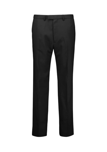 A pair of black straight leg pants with an adjustable waist, designed for men. Features a logo on the waistband.
