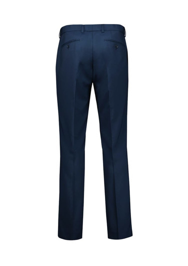 A pair of navy straight leg pants with adjustable waist features and back pockets.