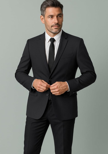 A black suit jacket with a tailored fit, featuring a slim design and a logo on the lapel. Suitable for formal occasions.