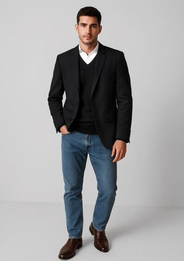 A black suit jacket is paired with a dark sweater, blue jeans, and brown shoes. The garment features a logo.