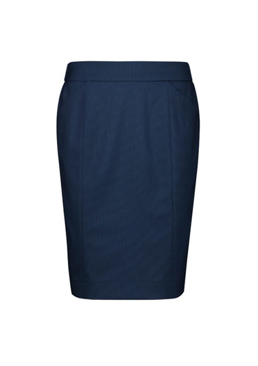 A navy pencil skirt with a tailored fit, featuring a sleek design and subtle pleats. It has a logo.