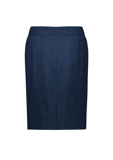 A navy functional pencil skirt featuring a simple design and elastic waistband. It has a discreet logo.