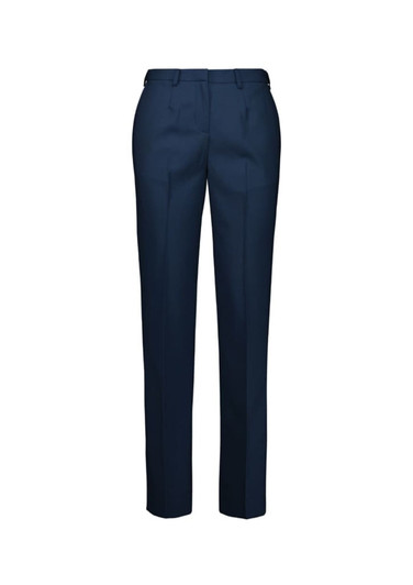 Navy tapered pants with an adjustable waist and a sleek design, featuring a subtle branding logo.