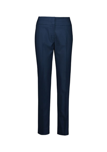 A pair of navy mid-waist slim leg pants with a tailored fit, featuring a logo.