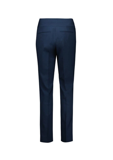 A pair of navy mid-waist slim leg pants viewed from the back, featuring a sleek design and pockets.
