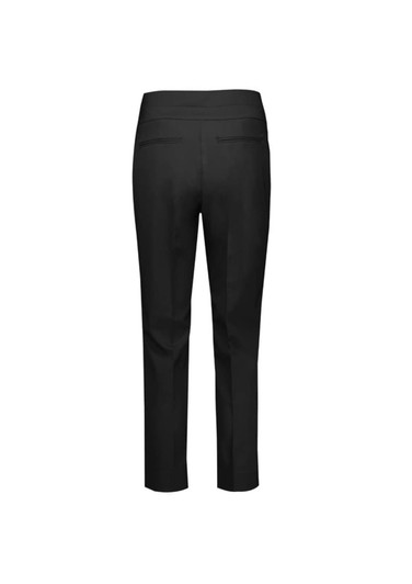 A pair of black women's slim leg pants with a mid-waist design, featuring a smooth back with two pockets and a logo.
