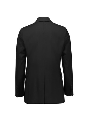 A black longline double-breasted jacket with a classic silhouette and buttoned cuffs. The back view shows a formal design.